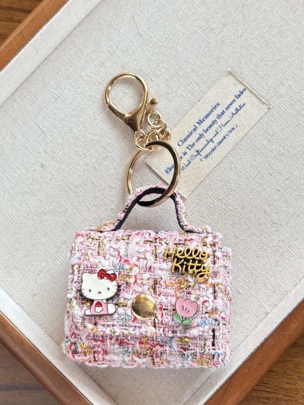Hello Kitty Pink Tweed Mini Handbag Keychain with Gold Accents